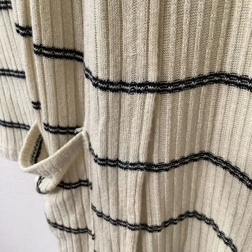 Daytrip Minimalist Chic‎ Cozycore Slouchy Striped Cream Long Open Cardigan Small